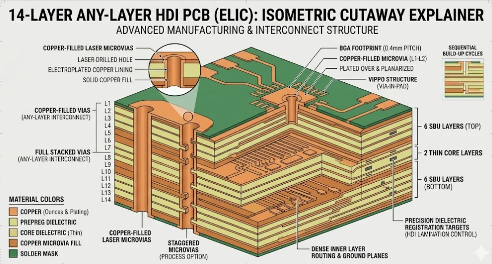 Microseccion de un PCB Any-Layer HDI con microvias laser apiladas y estructuras VIPPO