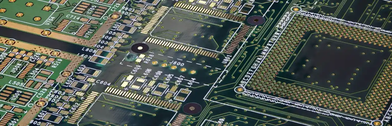 Close-up of HDI PCB showing tight soldermask dams