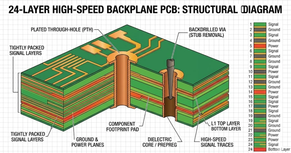 Microsection of a 24-layer PCB showing backdrilling and high-aspect-ratio plating