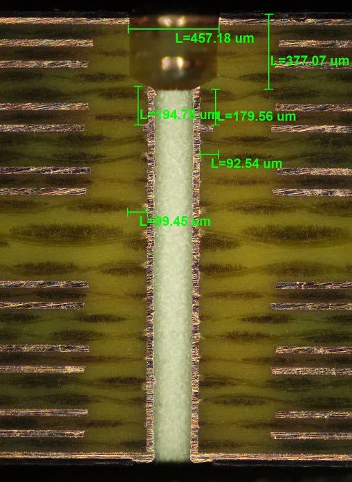 PCB backdrilling microsection with μm measurements