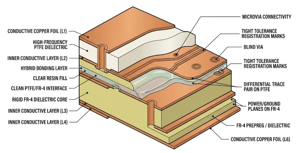 Microsección de PCB multicapa híbrido que muestra la integridad de la laminación PTFE y FR-4