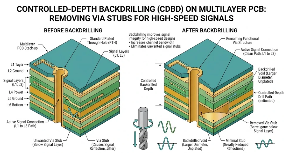 Sección transversal de backdrilling de profundidad controlada eliminando un via stub bajo la capa de señal activa