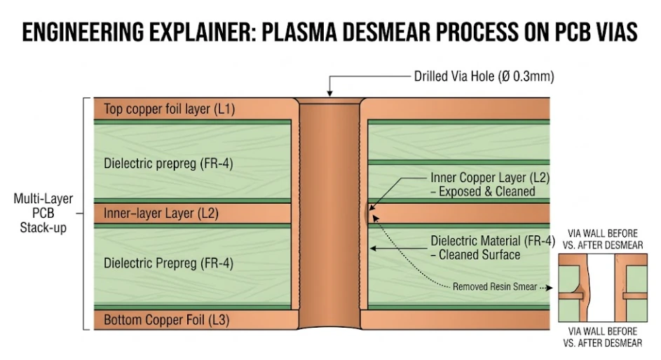 Micrografía de una pared de vía perforada después del tratamiento plasma desmear