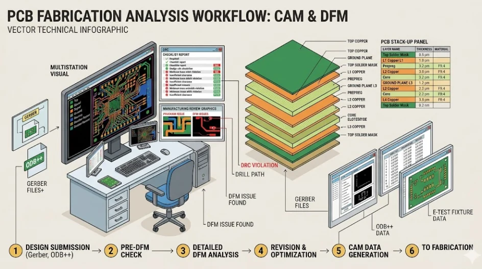 CAM interfaz de ingeniería que realiza análisis DFM y compensación de grabado en un diseño PCB multicapa