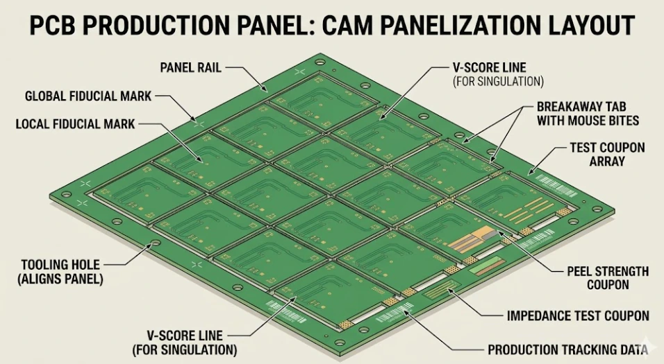 Diseño CAM de panelización con restricciones del método de depanelizado y rails de ensamblaje