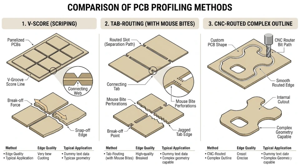 Panel que muestra varios métodos de depanelizado de PCB en una sola plataforma de producción
