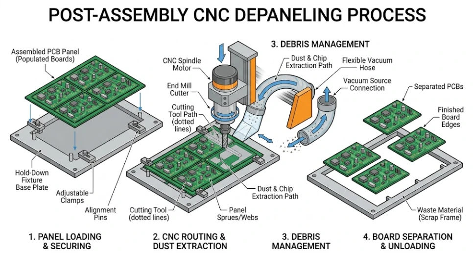 Estación automatizada de depanelizado de PCB post-ensamblaje con singulación CNC o láser