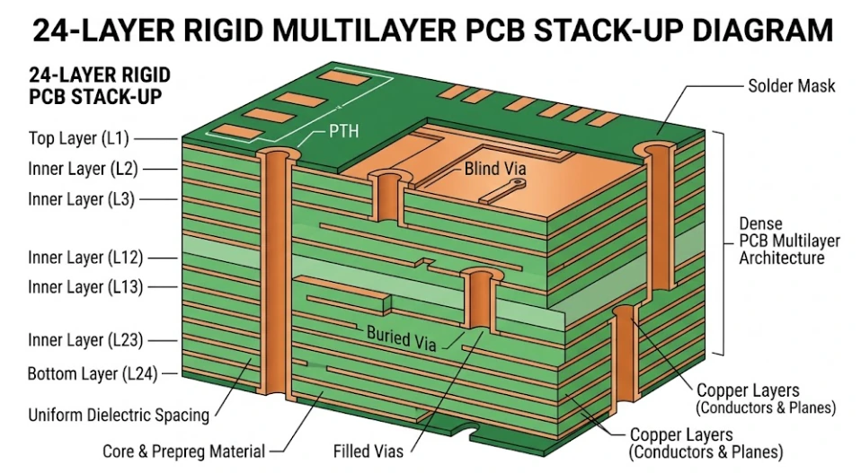 Microsección transversal de una PCB de alta velocidad de 24 capas