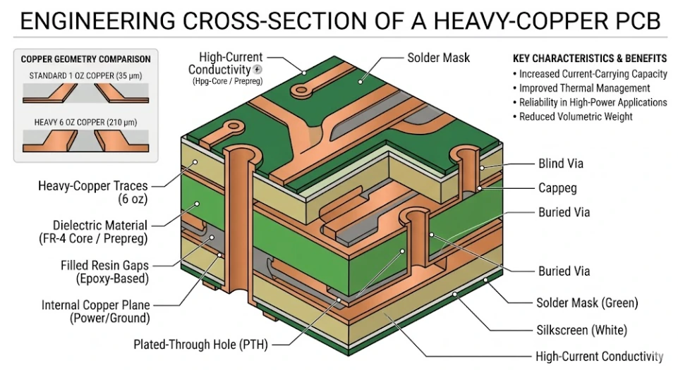 Sección transversal de una PCB de cobre pesado con huecos de resina completamente rellenos