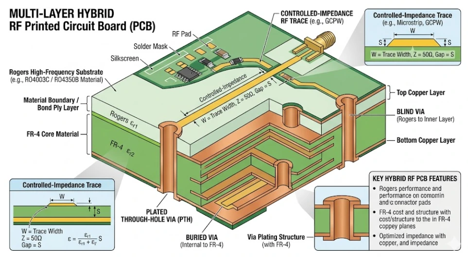 PCB híbrida RF y FR-4 mostrando la capa superior Rogers