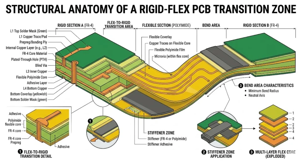 PCB rigid-flex que muestra la transición entre FR-4 rígido y poliimida flexible