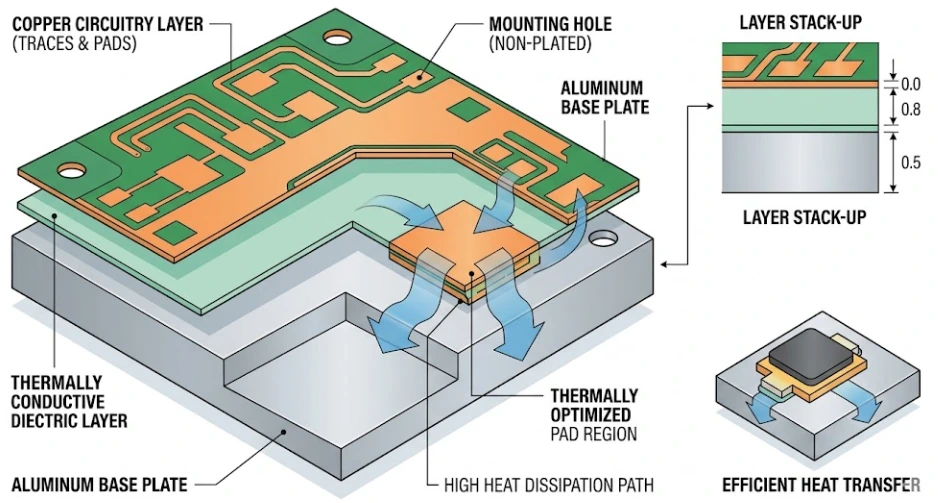 PCB de núcleo metálico para gestión térmica LED y electrónica de potencia