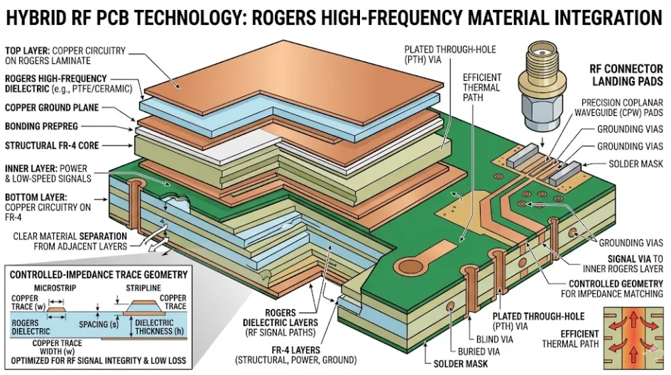 PCB de alta frecuencia con stack-up híbrido Rogers y FR-4