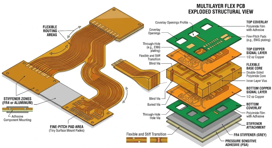 PCB flexible con sustrato de poliimida, aperturas de película de recubrimiento y zonas con rigidizador